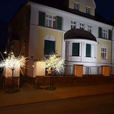 weihnachtlich beleuchtetes Rosenhaus